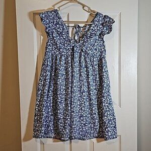 Shein blue and white floral dress ruffle sleeve tie back size xs